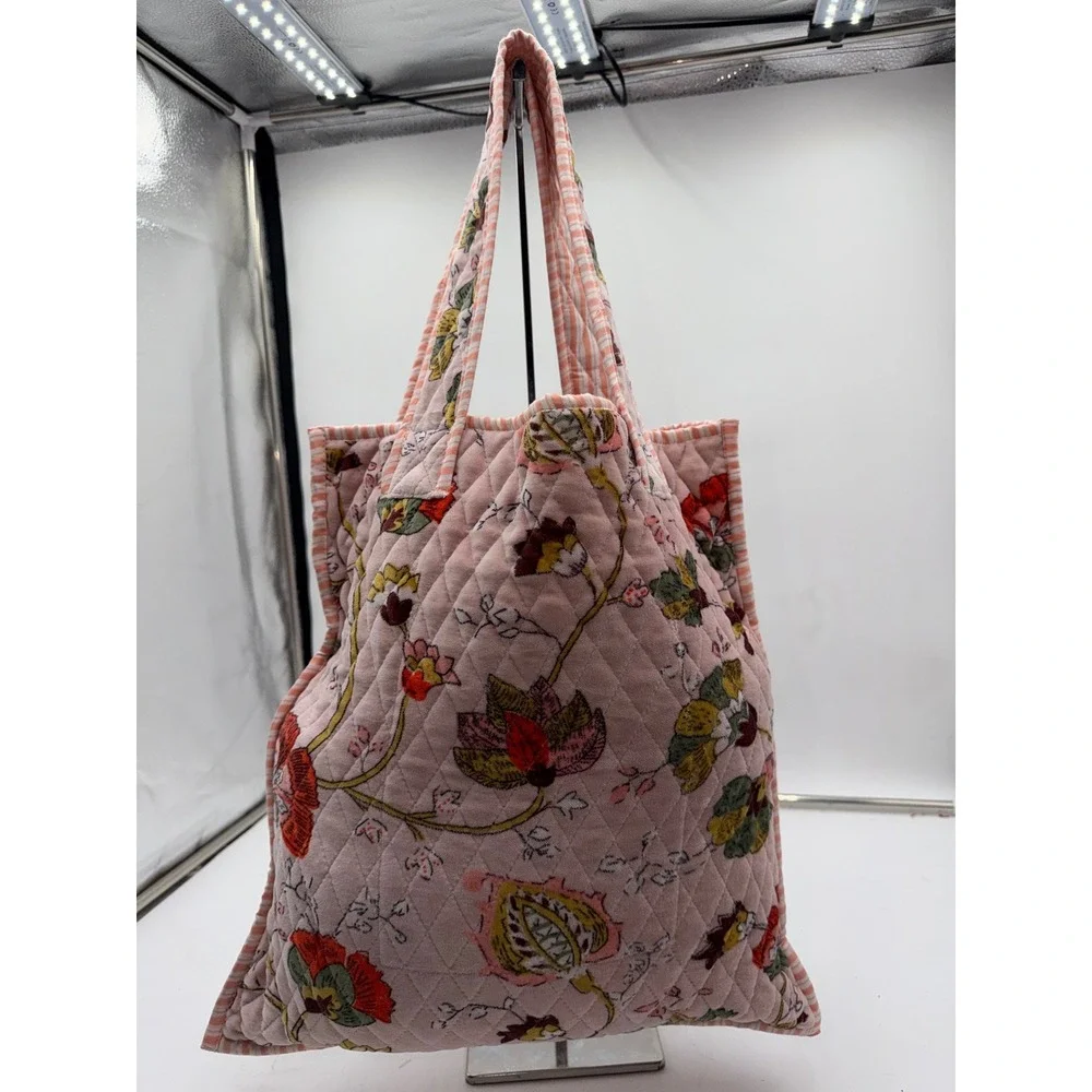 POL Pink Floral Hand Block Print Quilted Velvet Tote Bag Cotton Striped Lining